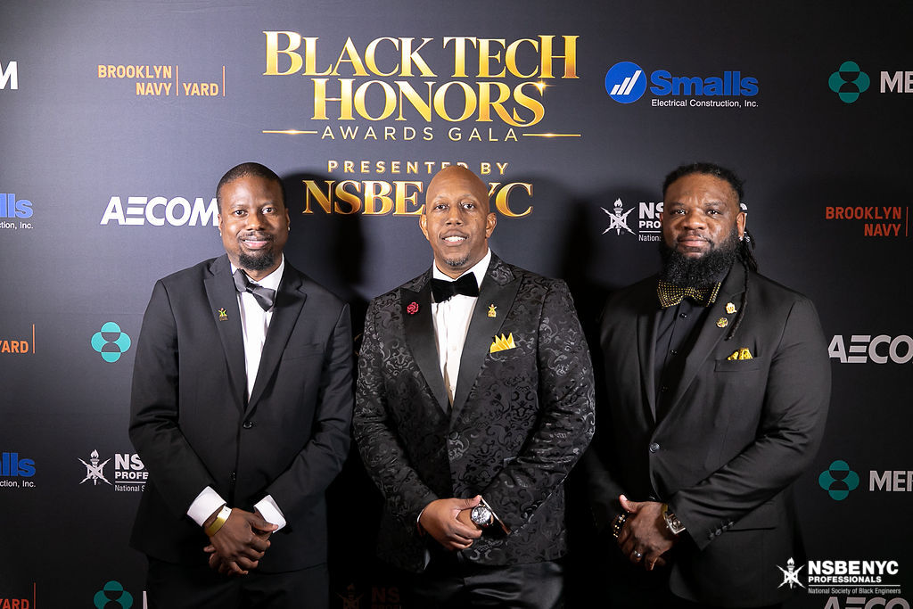Three NSBE NYC leaders in formal attire at the 2026 Black Tech Honors gala
