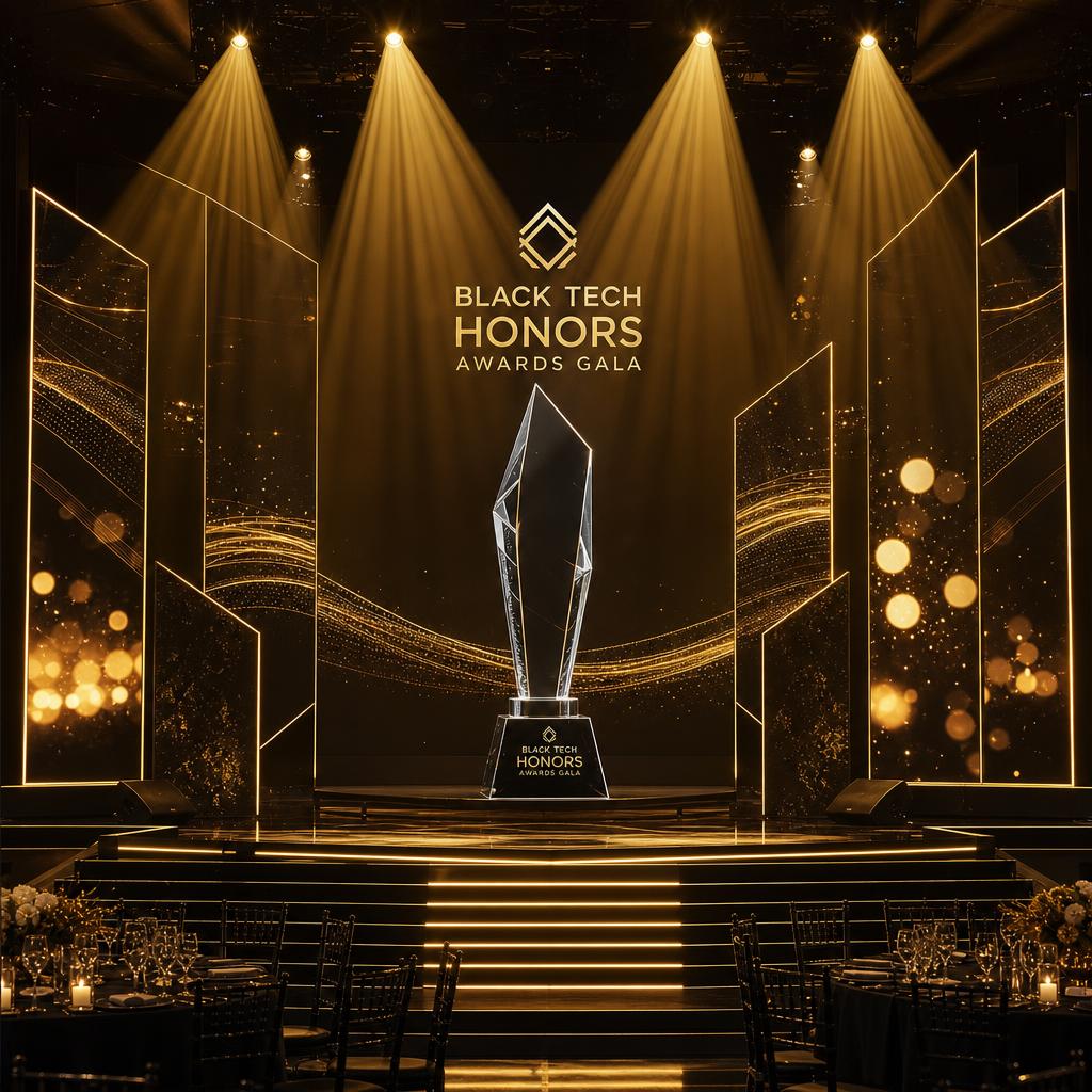 Dramatic Black Tech Honors Awards Gala stage with gold spotlights and crystal award