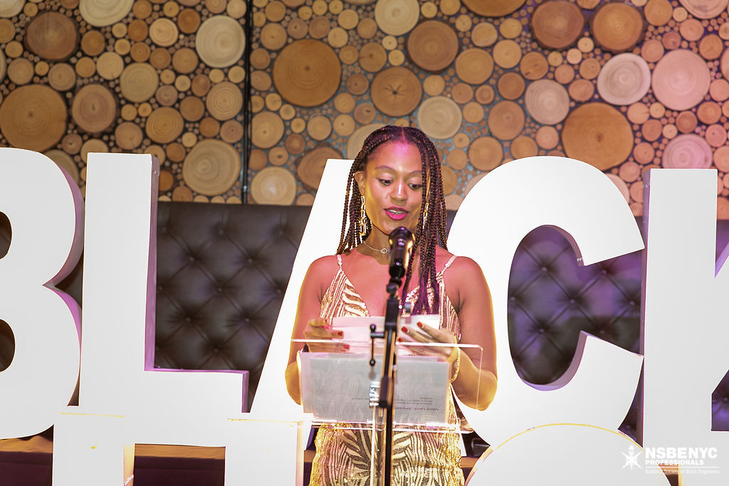 NSBE NYC presenter delivering remarks during the Black Tech Honors gala