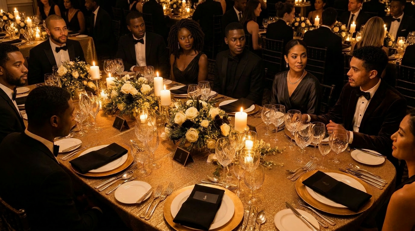 Candlelit gala dinner table with crystal and florals